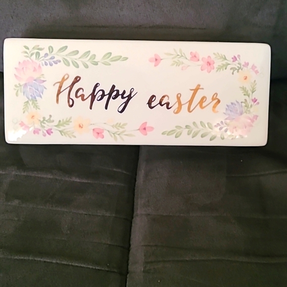 Happy Easter He Is Risen Glass Ceramic Rectangle Cube Sign Pink Purple Yellow - Picture 1 of 7